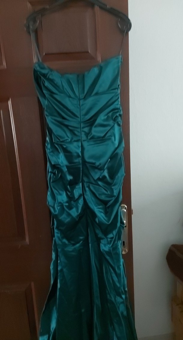 Drapeli Uzun Straplez Turkuaz Abiye Elbise - Görsel 4