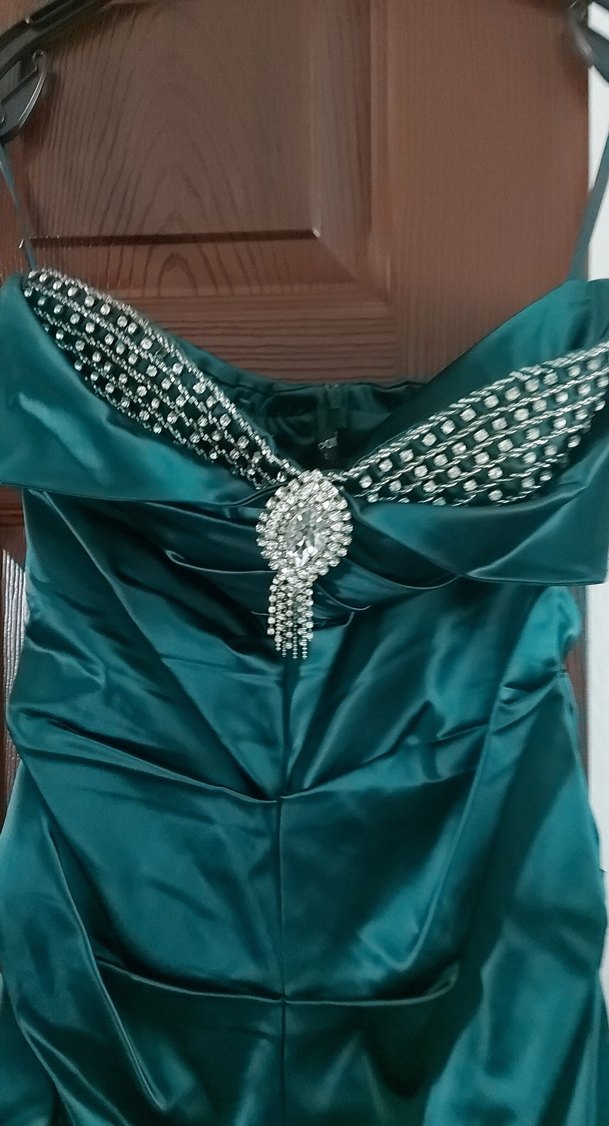 Drapeli Uzun Straplez Turkuaz Abiye Elbise - Görsel 2