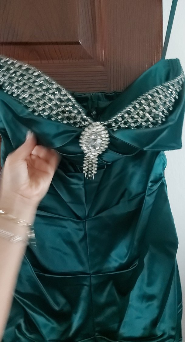 Drapeli Uzun Straplez Turkuaz Abiye Elbise - Görsel 3