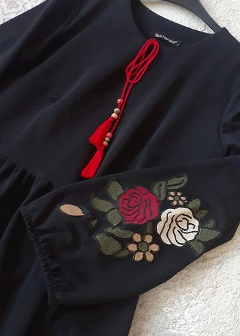 Bohem Bordo Nakışlı Uzun Kollu Elbise - Görsel 3