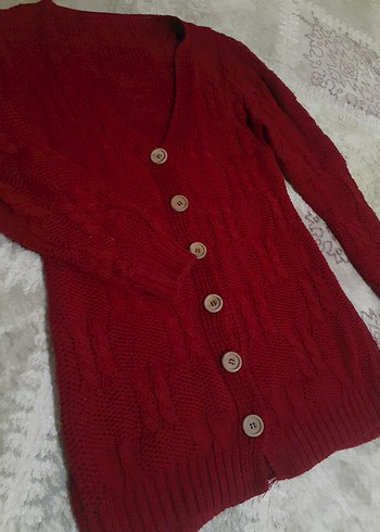 Bordo Düğmeli Kadın Hırka - Görsel 3