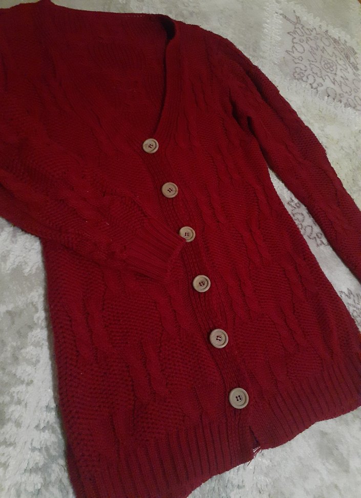 Bordo Düğmeli Kadın Hırka - Görsel 3