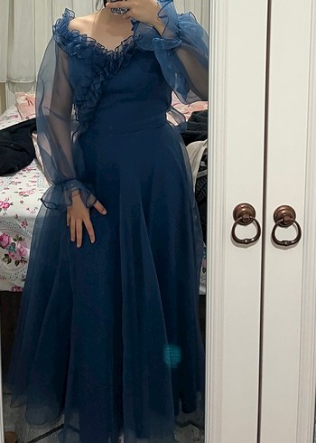 Şeffaf Kollarıyla Lacivert Straplez Midi Elbise - Görsel 8