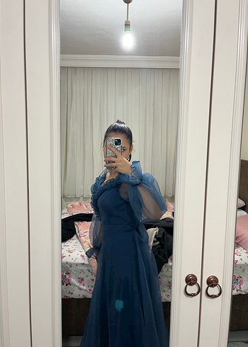 Şeffaf Kollarıyla Lacivert Straplez Midi Elbise - Görsel 4