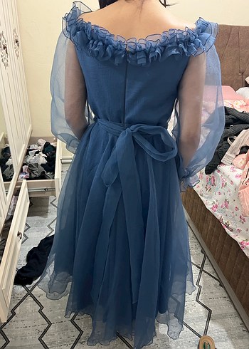 Şeffaf Kollarıyla Lacivert Straplez Midi Elbise - Görsel 5