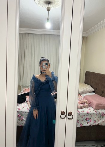 Şeffaf Kollarıyla Lacivert Straplez Midi Elbise - Görsel 7