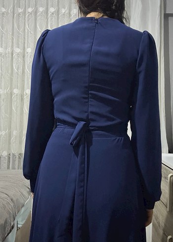 Uzun Kollu Lacivert Drapeli Abiye Elbise - Görsel 3