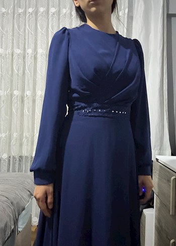 Uzun Kollu Lacivert Drapeli Abiye Elbise - Görsel 2