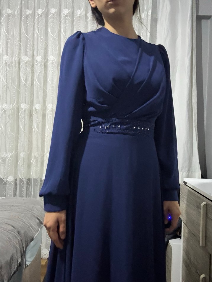 Uzun Kollu Lacivert Drapeli Abiye Elbise - Görsel 2