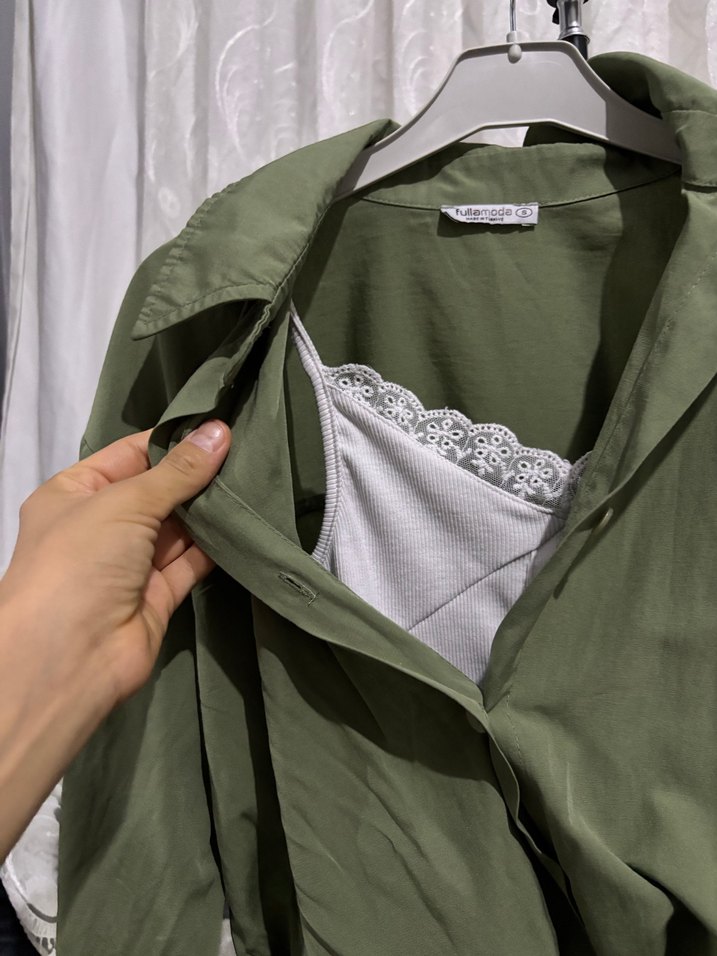 Düğmeli Yakalı Kadın Keten Gömlek - Görsel 5