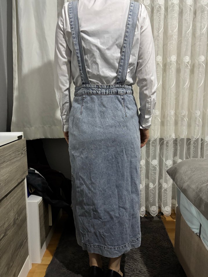 Kadın Düğmeli Uzun Denim Salopet - Görsel 3