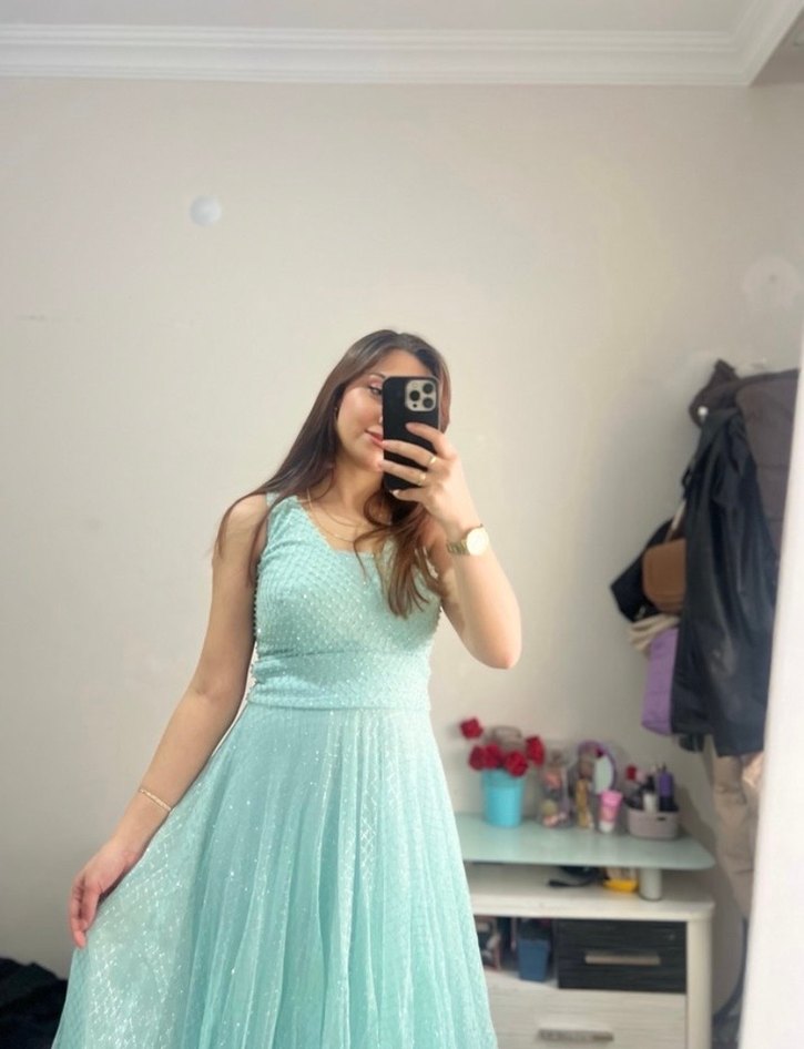 Uzun, Transparan, V Yakalı Mavi Abiye Elbise - Görsel 2