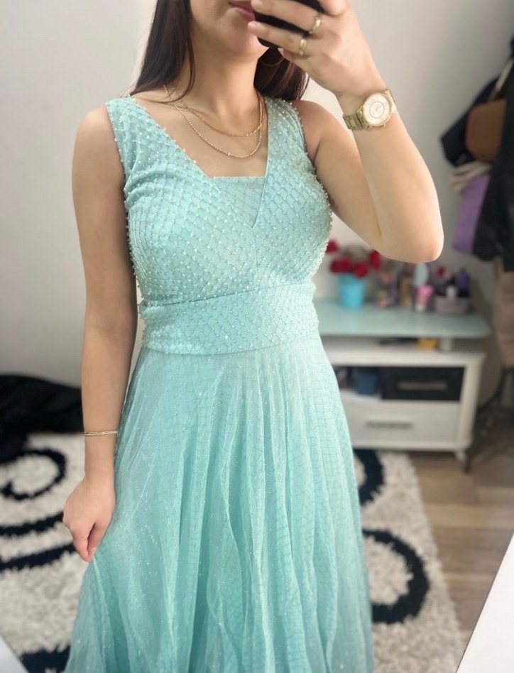 Uzun, Transparan, V Yakalı Mavi Abiye Elbise - Görsel 5