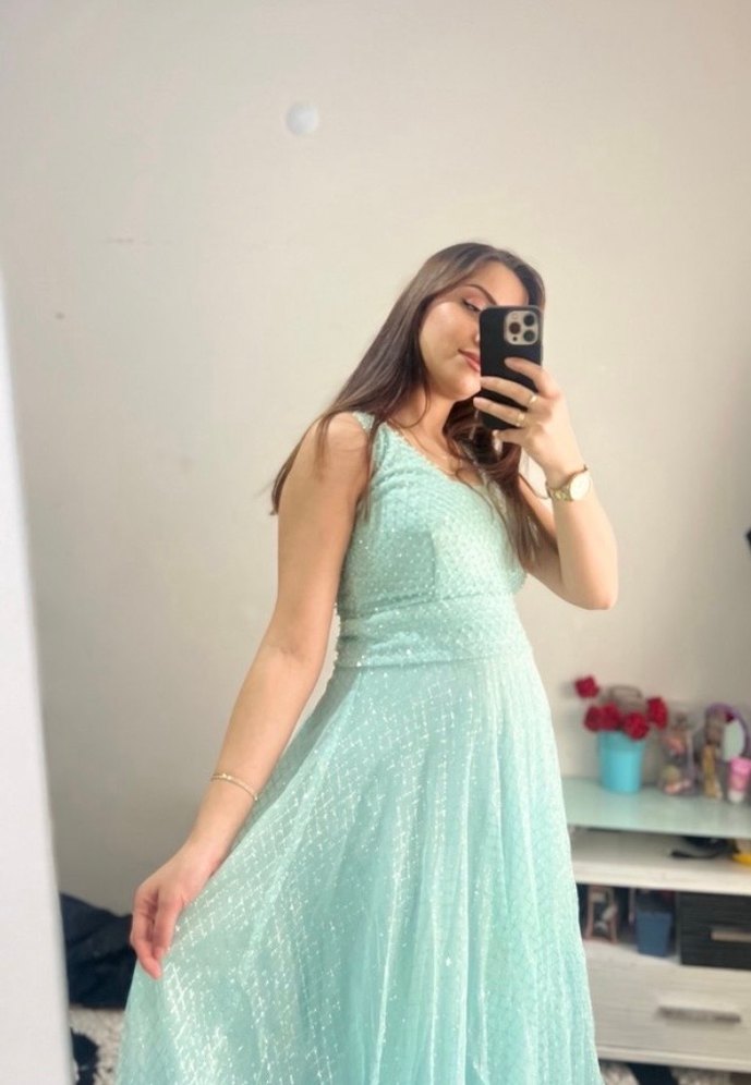 Uzun, Transparan, V Yakalı Mavi Abiye Elbise - Görsel 3