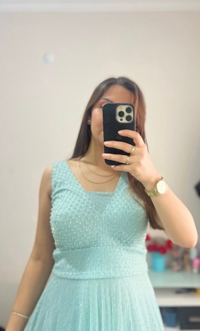 Uzun, Transparan, V Yakalı Mavi Abiye Elbise - Görsel 4