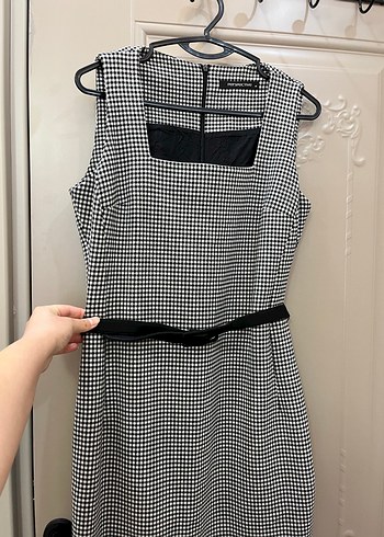 Kemerli siyah/beyaz Midi Kadın Elbise - Görsel 2