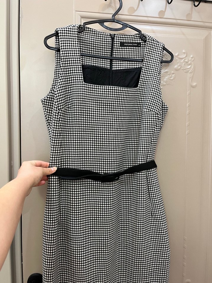 Kemerli siyah/beyaz Midi Kadın Elbise - Görsel 2