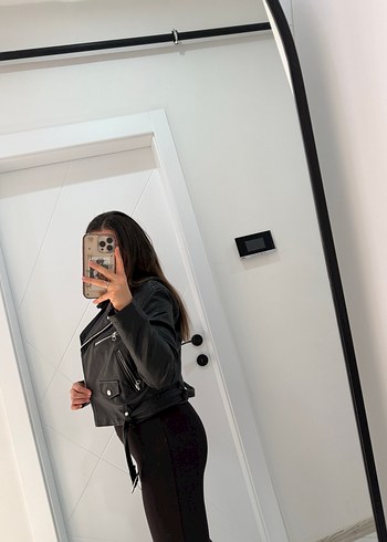 Siyah Deri Biker Ceket, Yüksek Yakalı, Dar Kesim - Görsel 4