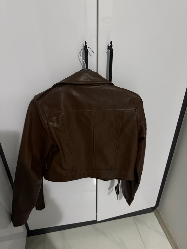 Kahverengi Deri Biker Ceket - Görsel 2