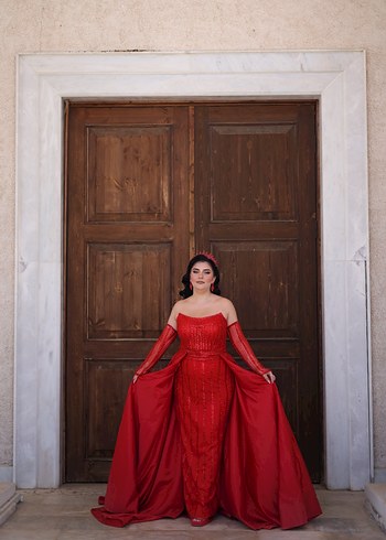 Uzun Kırmızı İşlemeli Straplez Kınalık - Görsel 3