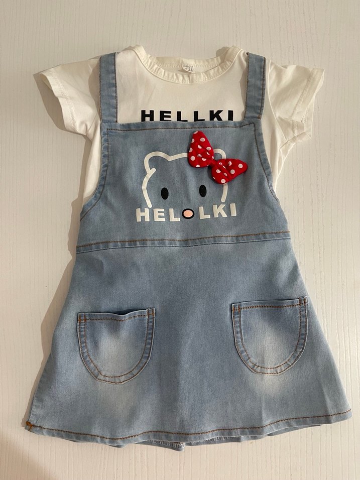 Kız Çocuk Renkli Baskılı Kot Elbise - Görsel 2