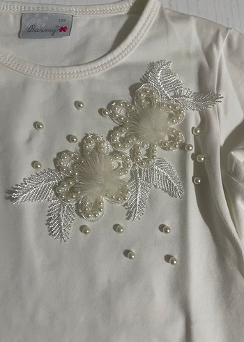 Kız Çocuk Beyaz Uzun Kollu İşlemeli Tişört - Görsel 2