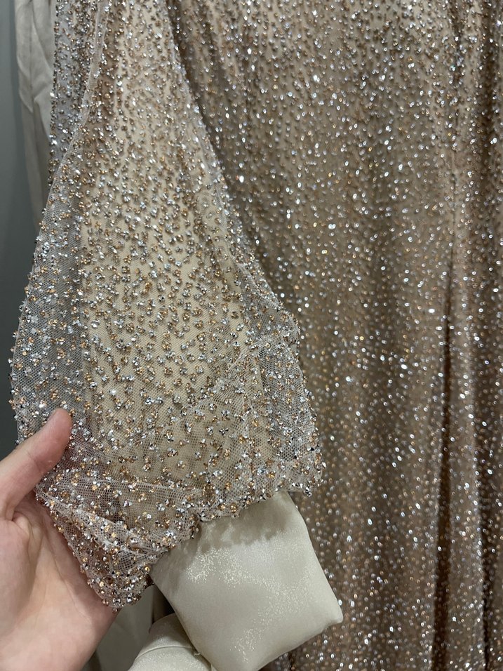 Bej Çiçek Desenli Uzun Kollu Abiye Elbise - Görsel 4