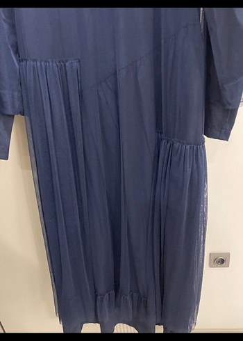 Lacivert Uzun Keten Elbise Pilili - Görsel 2