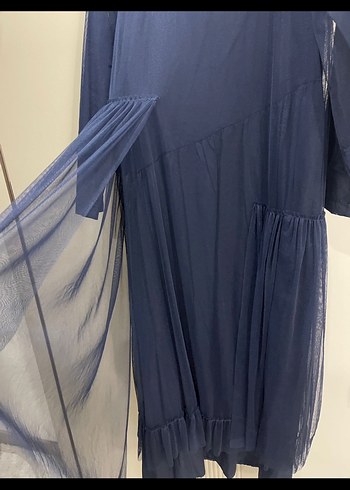 Lacivert Uzun Keten Elbise Pilili - Görsel 3