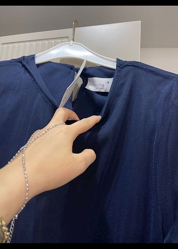 Lacivert Uzun Keten Elbise Pilili - Görsel 4