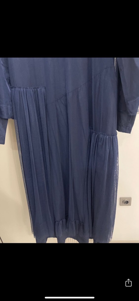 Lacivert Uzun Keten Elbise Pilili - Görsel 2