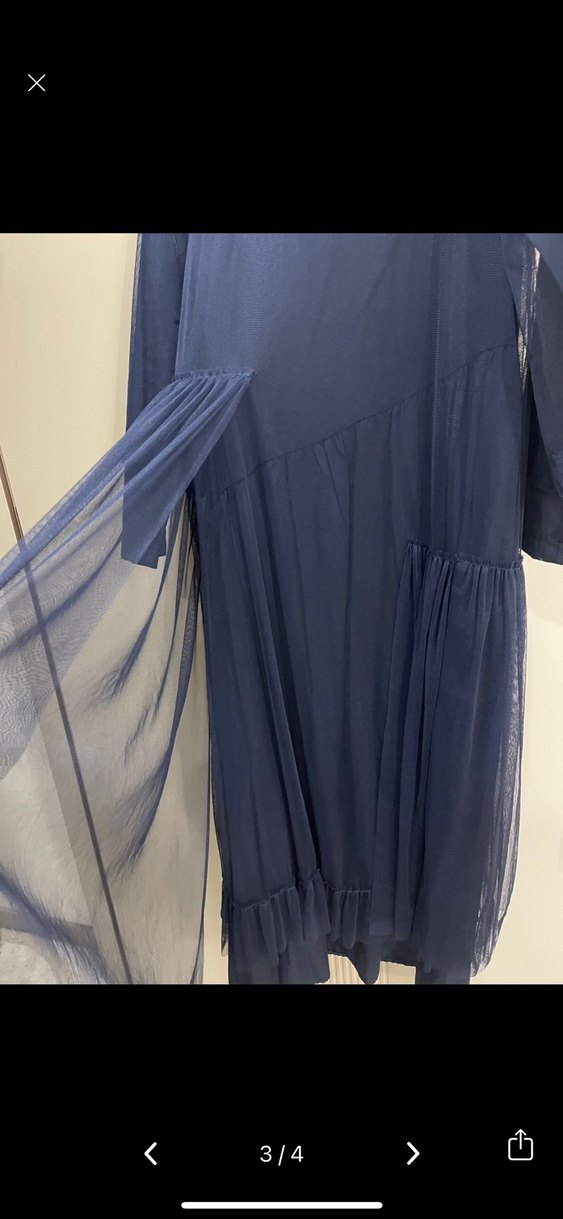 Lacivert Uzun Keten Elbise Pilili - Görsel 3