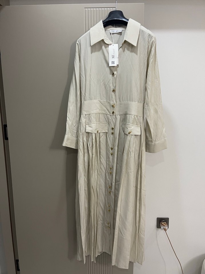 Mavi Pamuklu Uzun Kollu Piliseli Elbise - Görsel 2