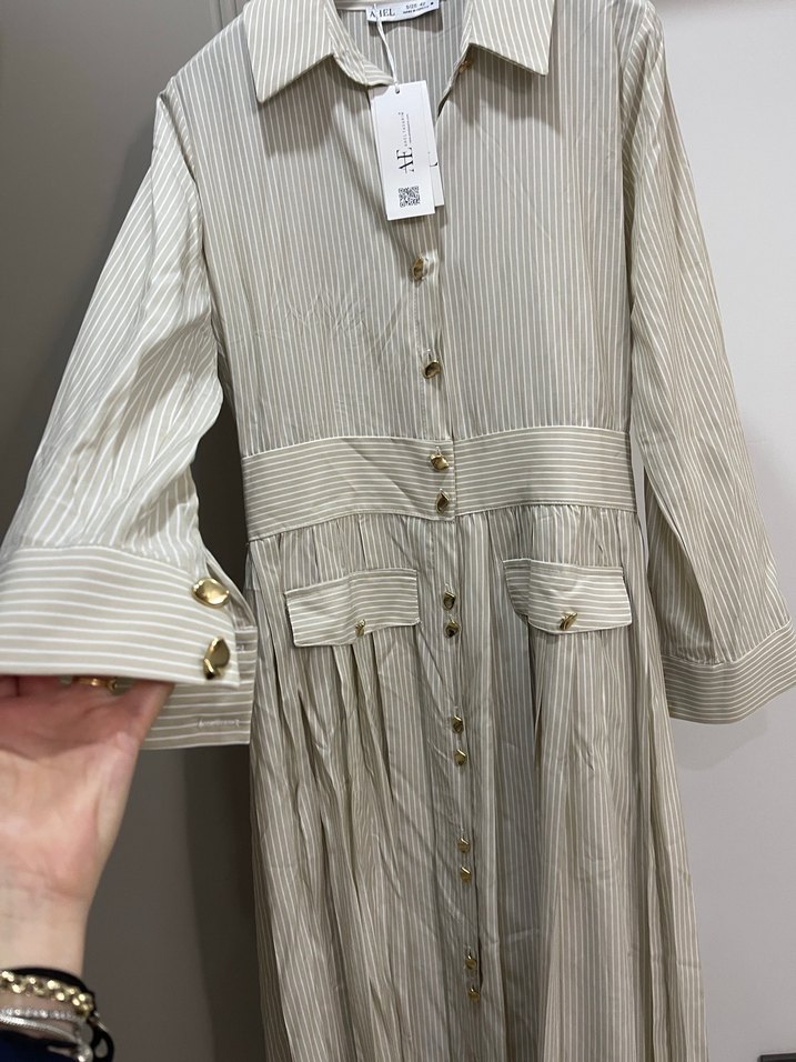 Mavi Pamuklu Uzun Kollu Piliseli Elbise - Görsel 4