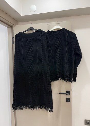 Siyah Örgü Mini Kadın Kazak triko takım - Görsel 3