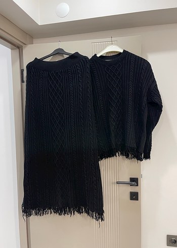 Siyah Örgü Mini Kadın Kazak triko takım - Görsel 2