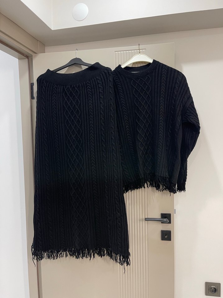 Siyah Örgü Mini Kadın Kazak triko takım - Görsel 2