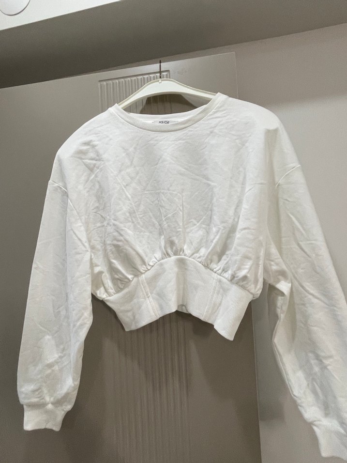 Kadın Beyaz Keten Mini Sweatshirt - Görsel 2