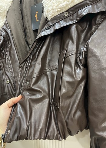 Kahverengi Deri Kürklü Midi Ceket - Görsel 4