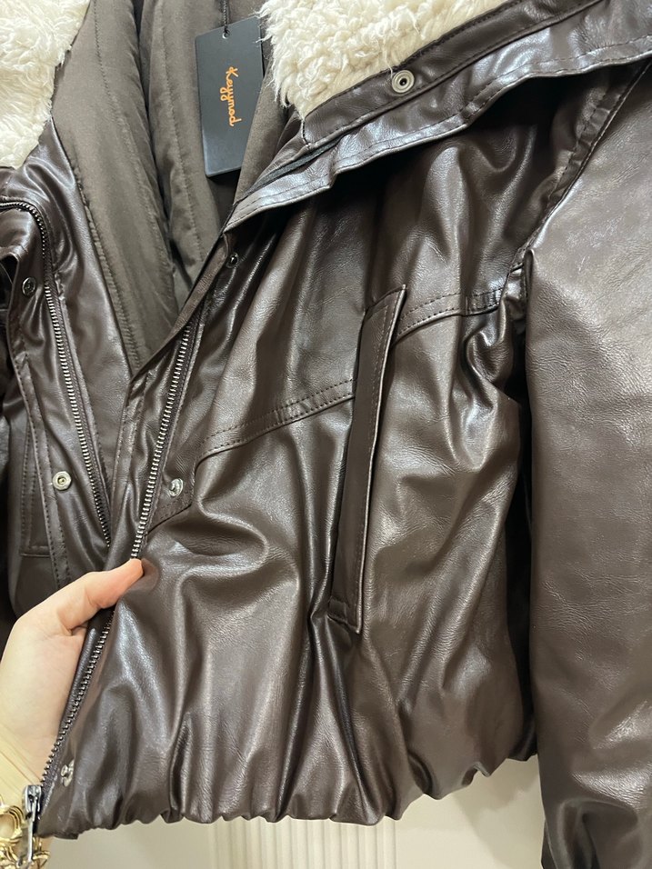 Kahverengi Deri Kürklü Midi Ceket - Görsel 4