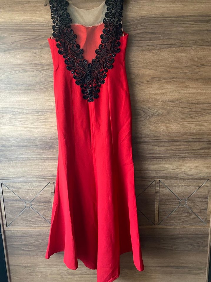 Drapeli Kırmızı Uzun Abiye Elbise - Görsel 2