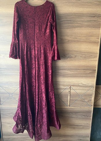 Bordo Uzun Kollu Dantel İşlemeli Elbise - Görsel 2