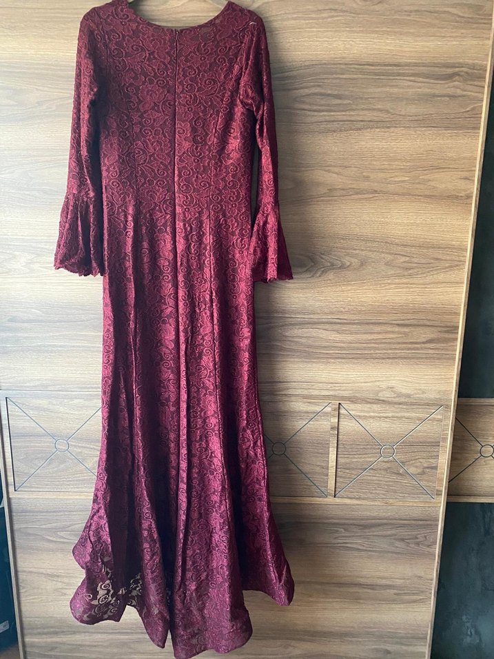 Bordo Uzun Kollu Dantel İşlemeli Elbise - Görsel 2