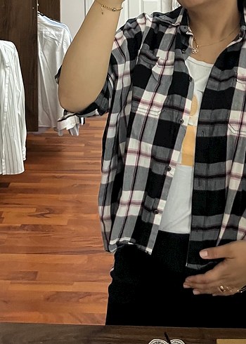 Gri Kareli Düğmeli Kadın Gömlek - Görsel 2