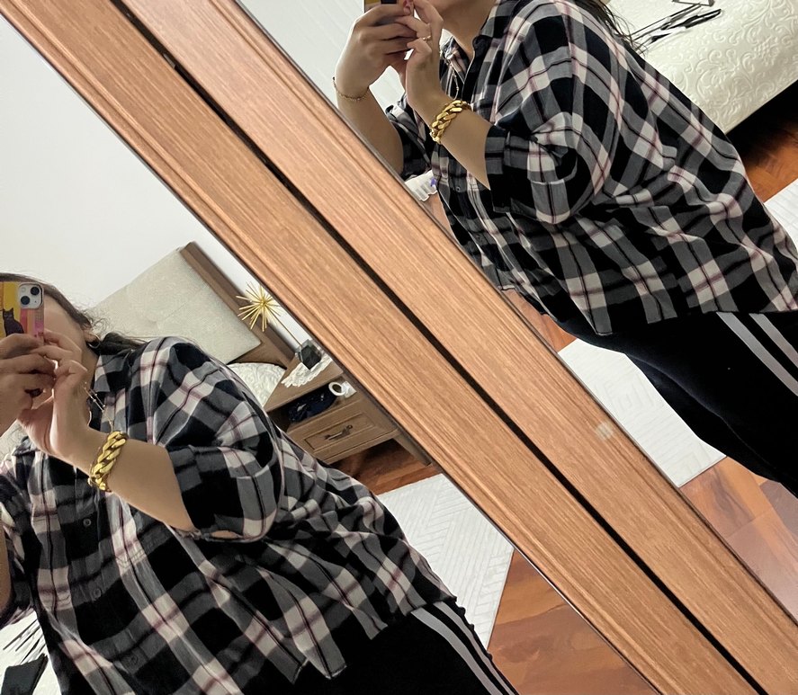 Gri Kareli Düğmeli Kadın Gömlek - Görsel 3