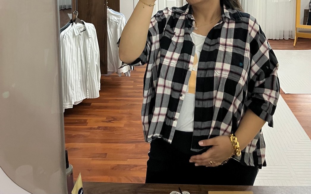 Gri Kareli Düğmeli Kadın Gömlek - Görsel 2