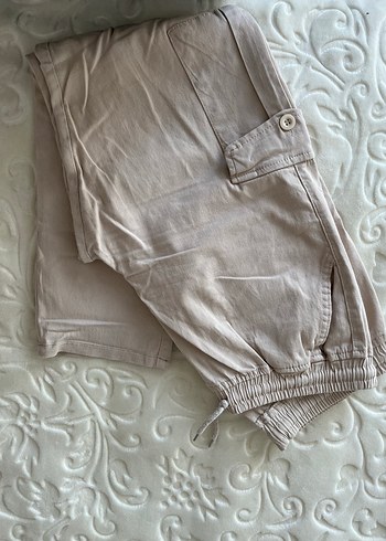 Beli lastikli Bej Keten Kadın Pantolon 40 bedene kadar uyumlu - Görsel 4
