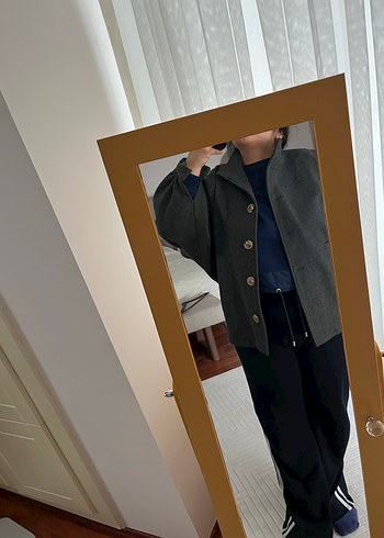 Düğmeli Gri Midi kaban - Görsel 10