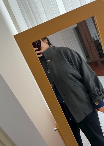 Düğmeli Gri Midi kaban - Görsel 8