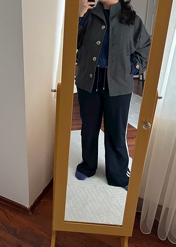 Düğmeli Gri Midi kaban - Görsel 7